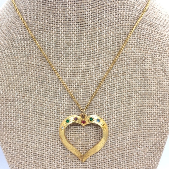 VINTAGE GOLD TONE HEART JEWEL TONE RHINESTONES NECKLACE - Picture 3 of 13
